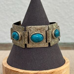 Vintage Etched Silver Tone Square Panel Blue Oval Faux Turquoise Bracelet 7"
